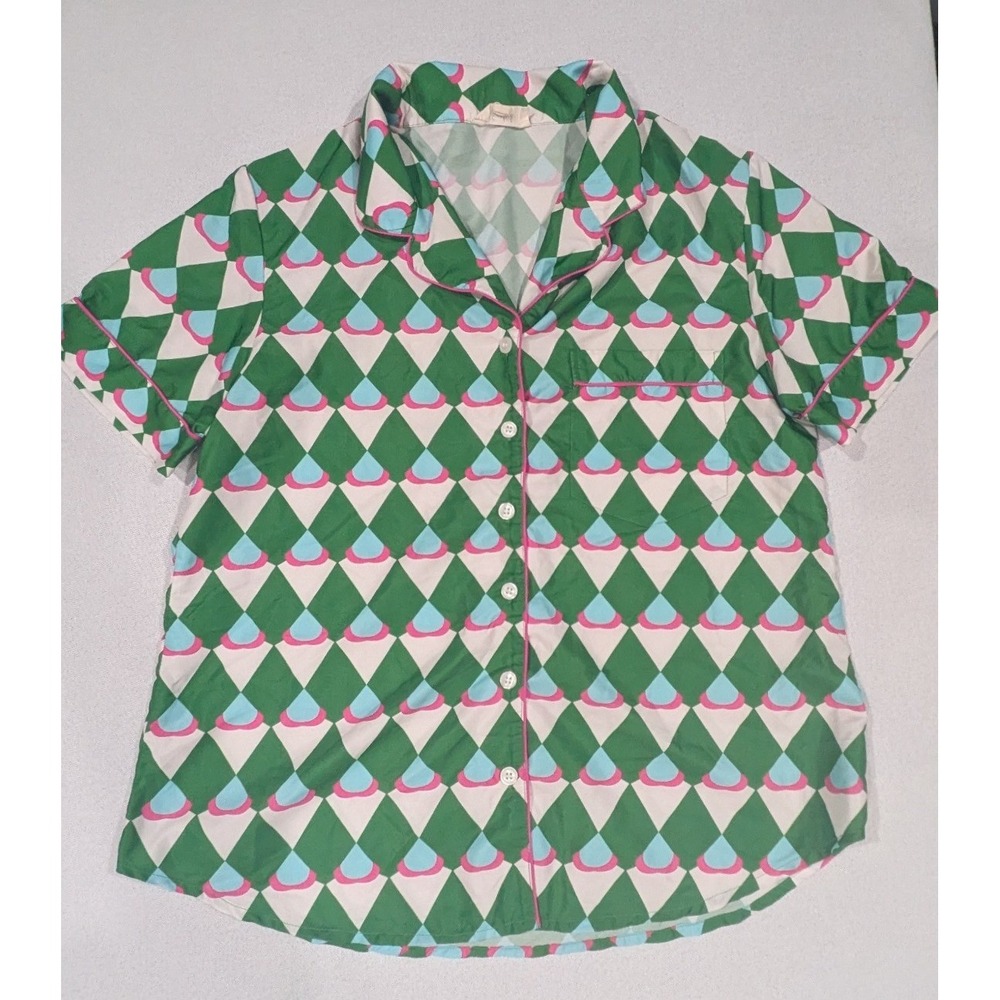 Saatvik Pajama Top Womens Small Green Geometric Diamond Print Short Sleeve Exc